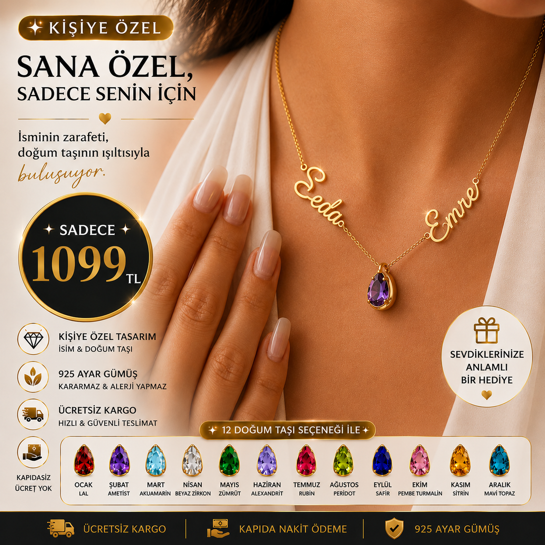 Kişiye Özel İki İsimli Doğum Taşlı Kolye – 925 Ayar Gümüş