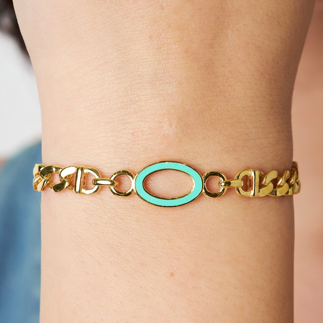 Renkli Oval Çift Zincir Bileklik - 925 GÜMÜŞ