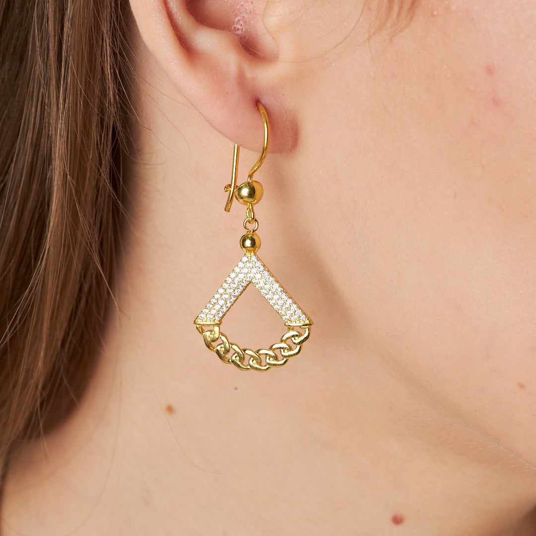 Üçgen Model Taşlı Zincir Küpe - 925 GÜMÜŞ