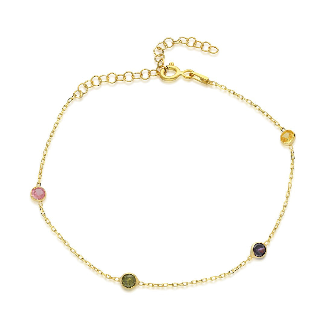 Üç Taşlı Renkli Zincir Bileklik - 925 GÜMÜŞ