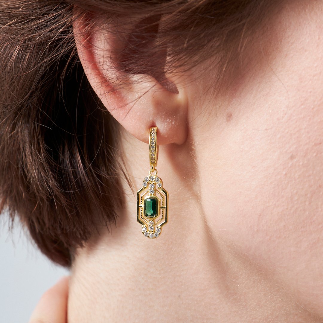 Yeşil Baget Taşlı Küpe - 925 GÜMÜŞ