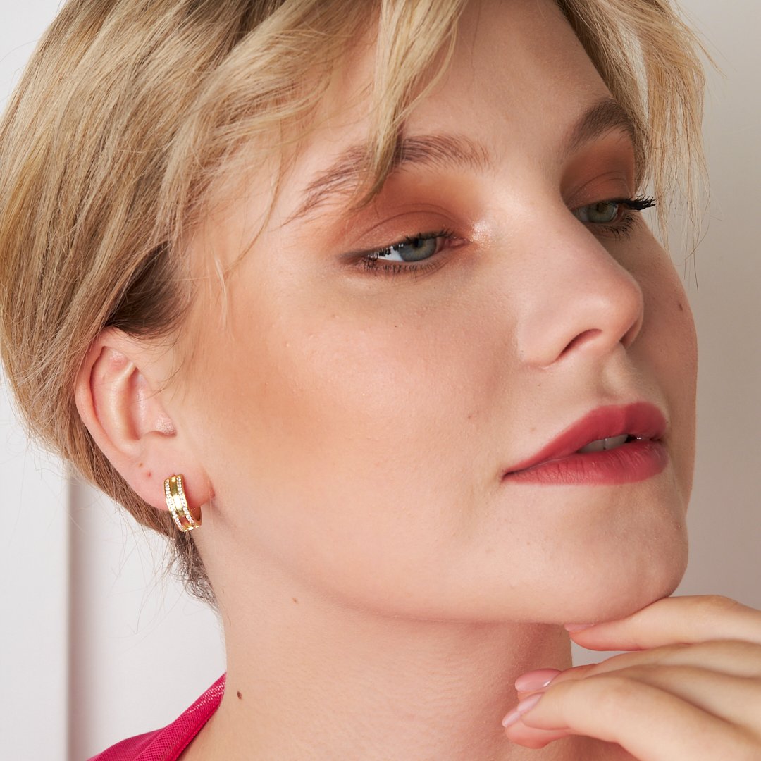 Üçlü Taş Detaylı Halka Küpe - 925 GÜMÜŞ