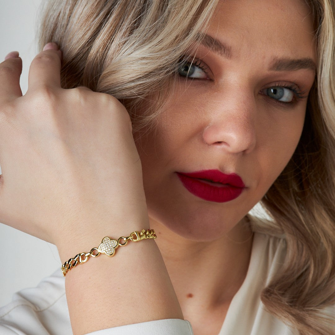 İki Zincirli Taşlı Yonca Bileklik - 925 GÜMÜŞ