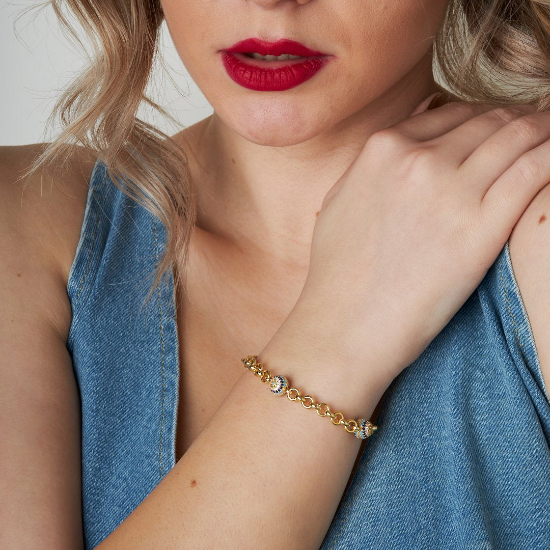 Kalın Zincirli Taşlı Nazar Bileklik - 925 GÜMÜŞ