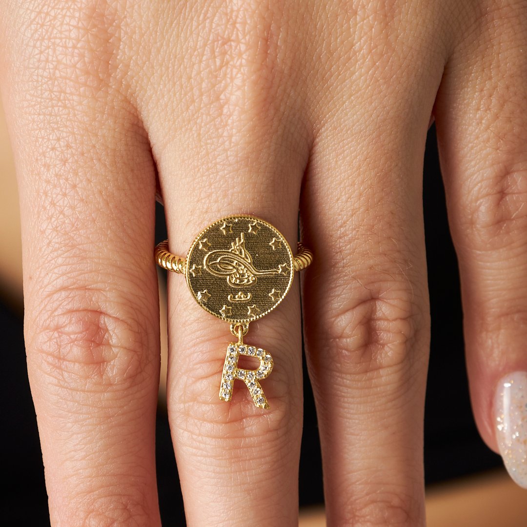 Modellenmiş çeyrek taşlı harf yüzük - 925 GÜMÜŞ