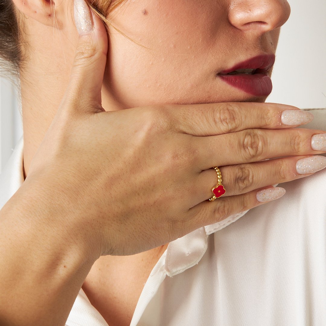 Kırmızı Yonca Yüzük - 925 GÜMÜŞ