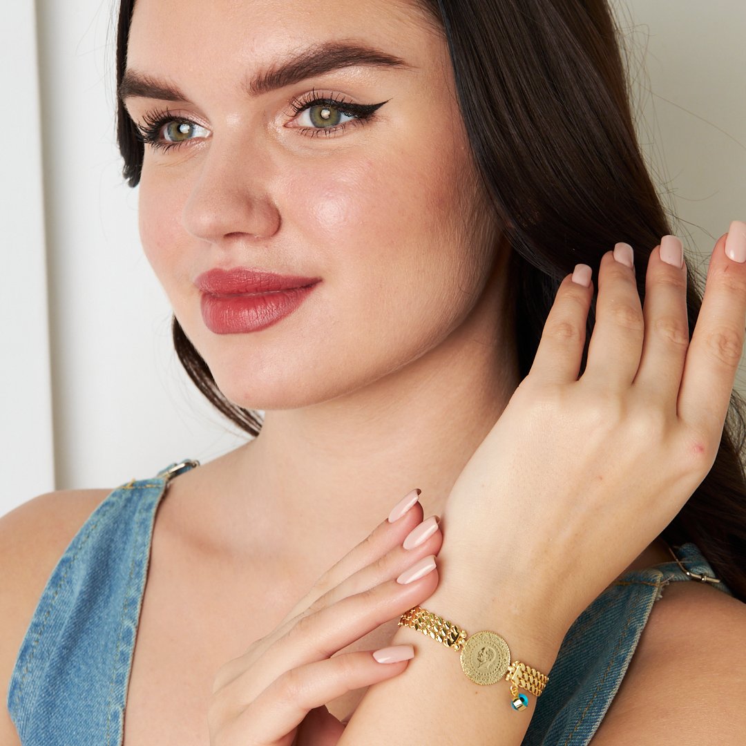 14 Ayar ALTIN Çeyrek nazarlı üçlü sıra zincir bileklik