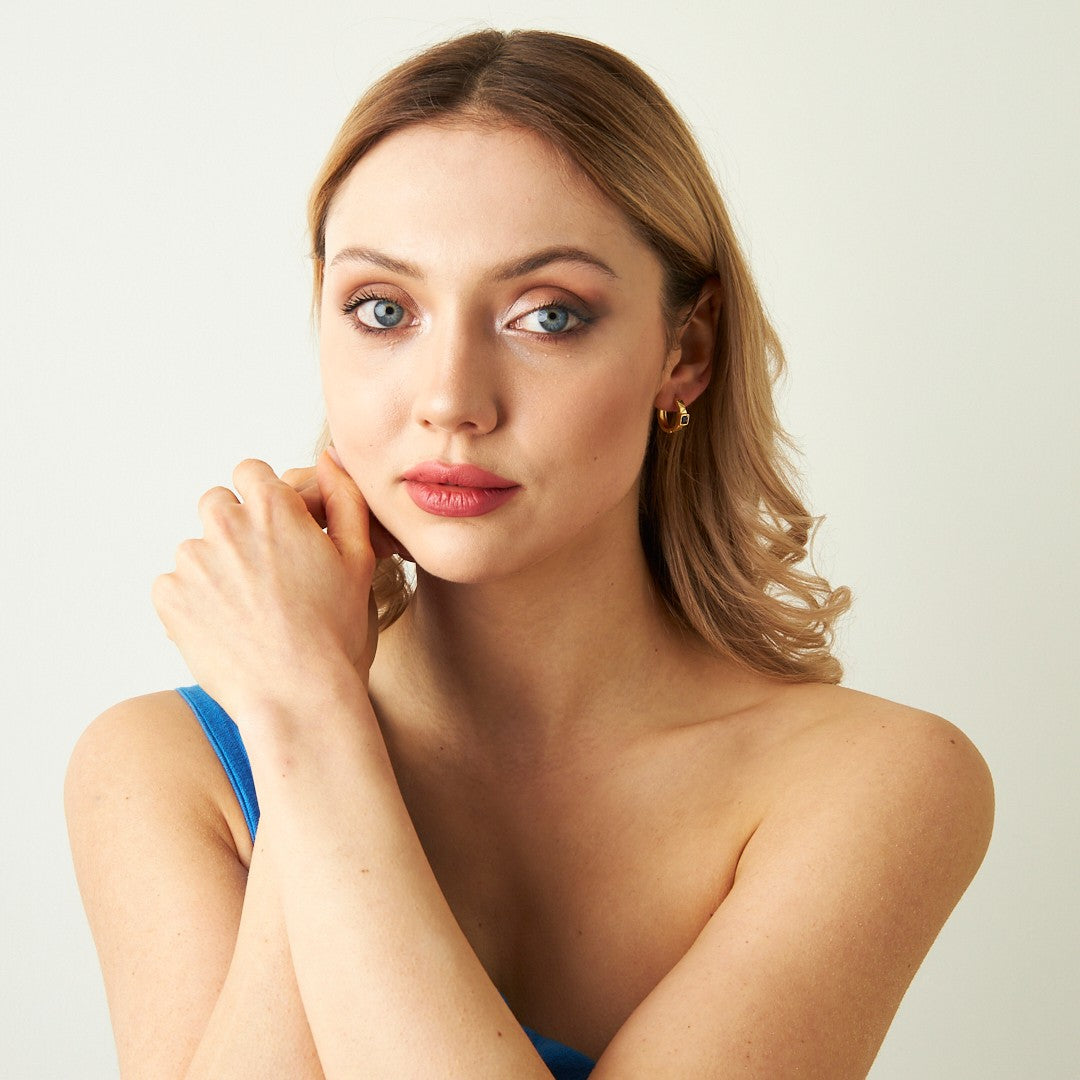 Lacivert Taşlı Çizgili Halka Küpe - 925 GÜMÜŞ