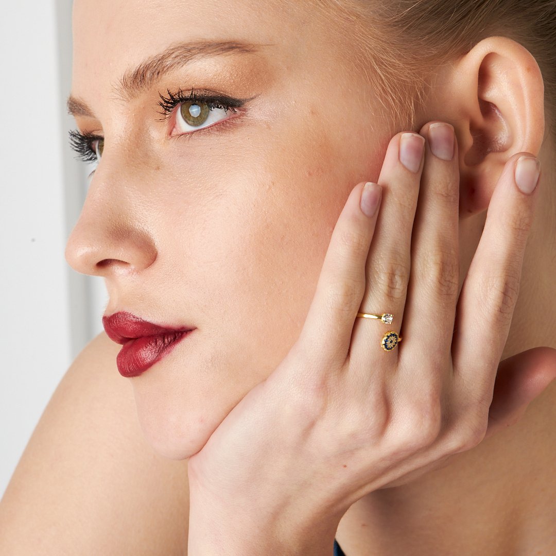 Nazar Desenli Tek Taş Yüzük - 925 GÜMÜŞ