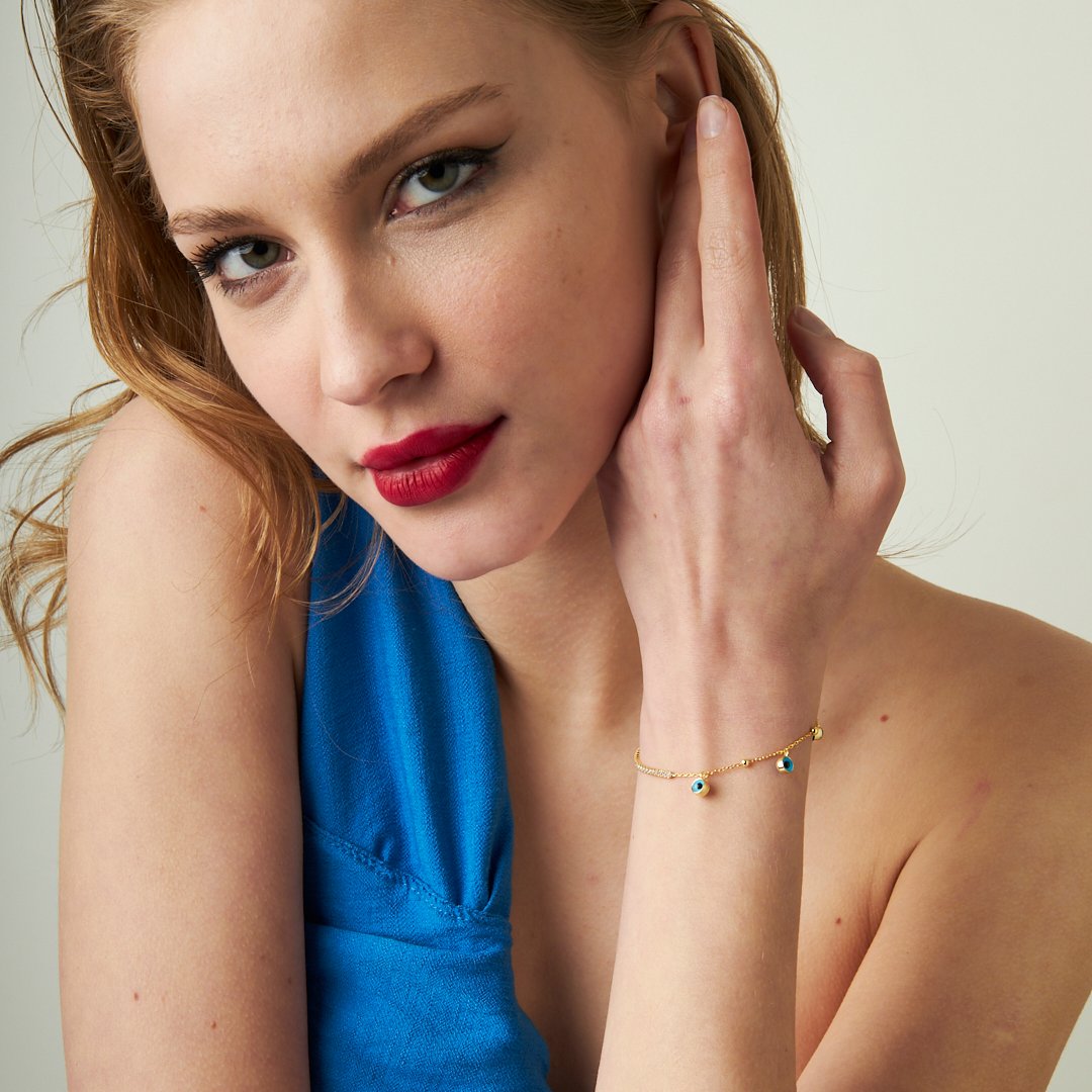 Üçlü Nazar Su Yolu Zincir Bileklik - 925 GÜMÜŞ