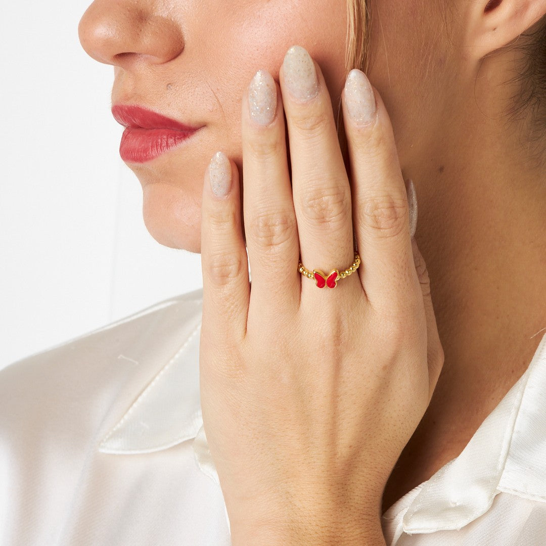 Kırmızı Kelebek Yüzük - 925 GÜMÜŞ