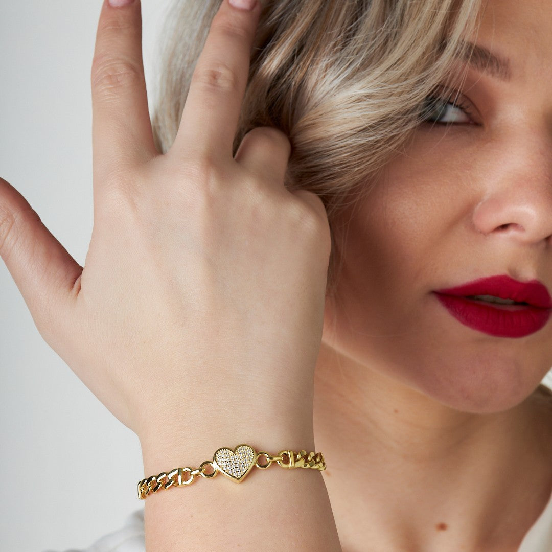 Çift Zincirli Taşlı Kalpli Bileklik - 925 GÜMÜŞ