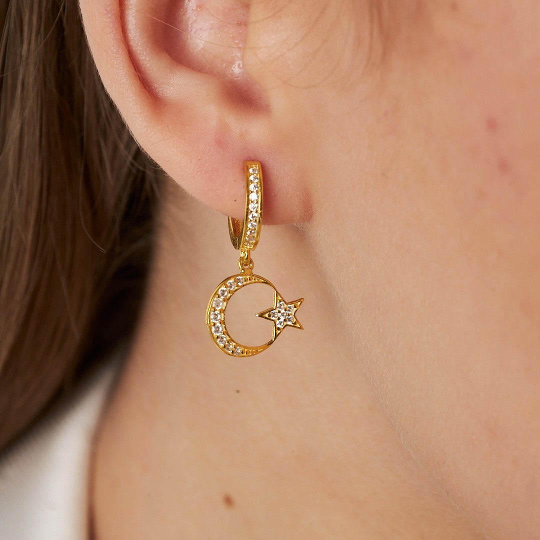 Ay Yıldız Taşlı Küpe - 925 GÜMÜŞ