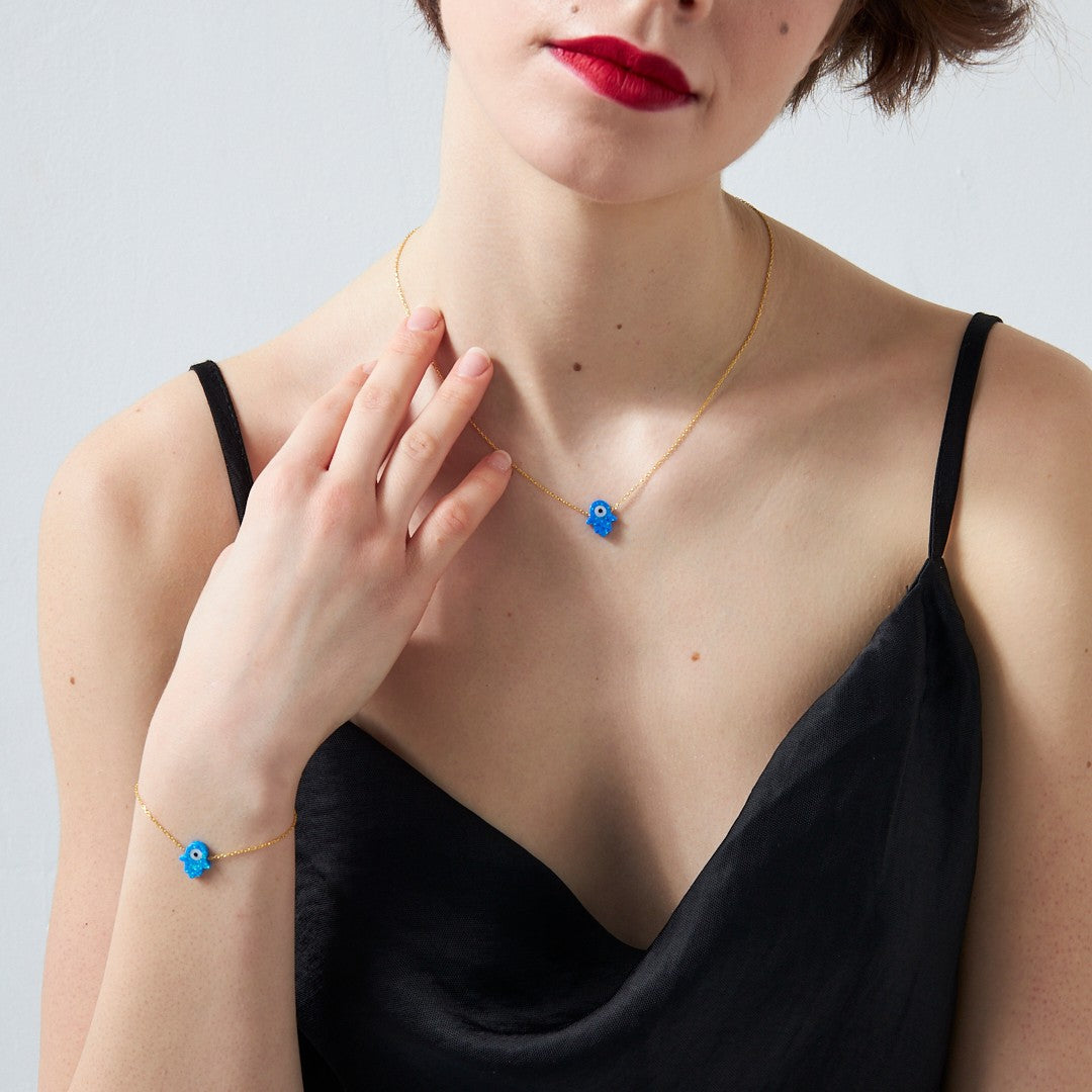 Opal Taşlı Orjinal Fatma Eli Set - 925 GÜMÜŞ