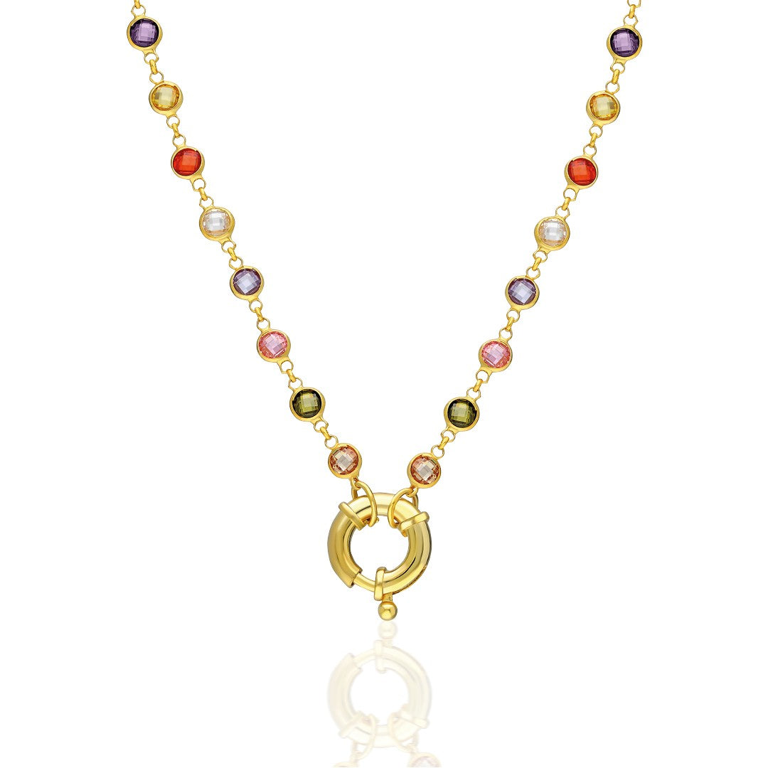 Renkli Taşlı Gemici Kilitli Zincir - 925 GÜMÜŞ