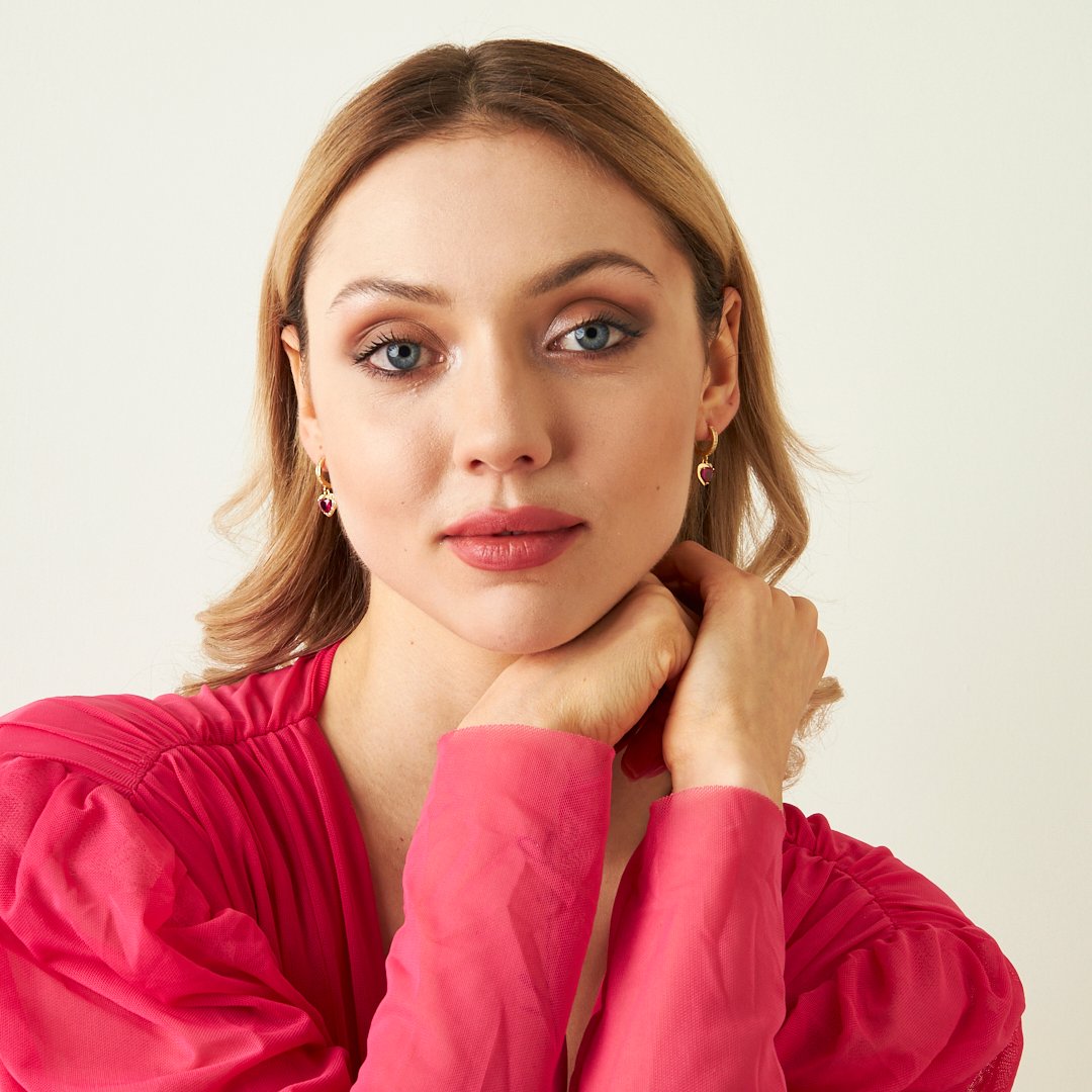 Pembe Taşlı Kalp Küpe - 925 GÜMÜŞ