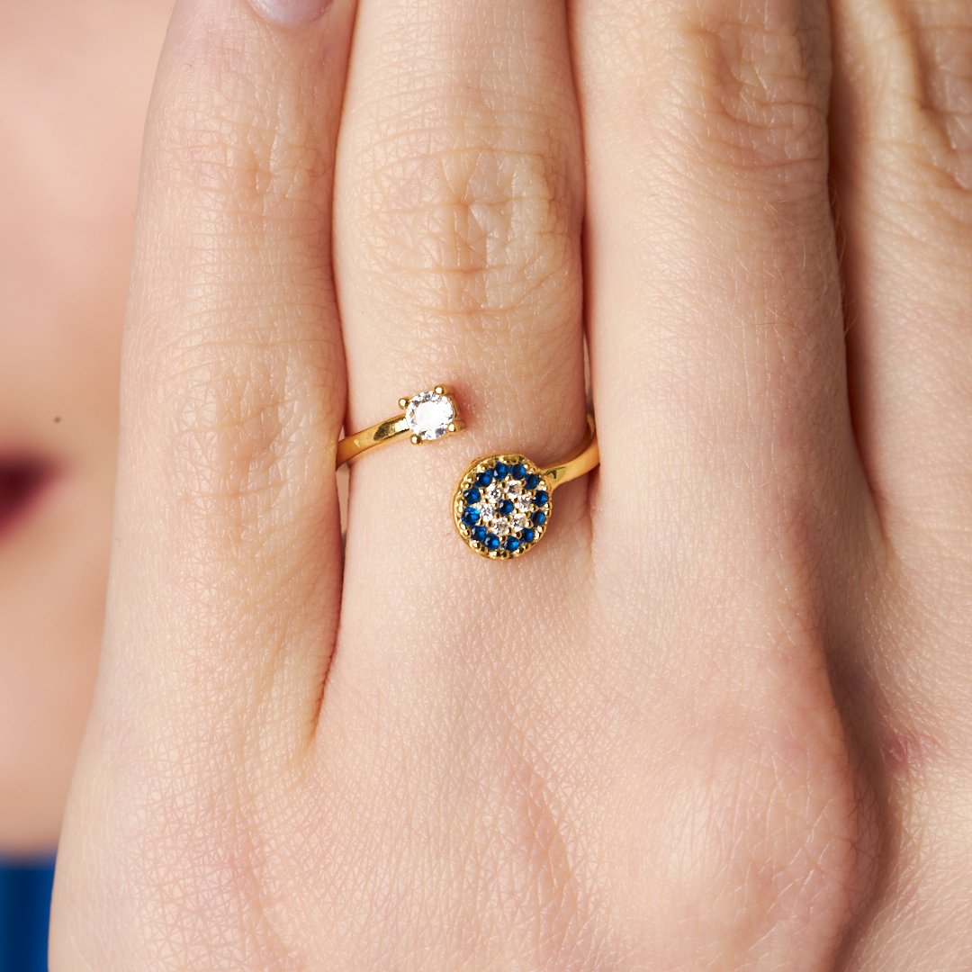 Nazar Desenli Tek Taş Yüzük - 925 GÜMÜŞ