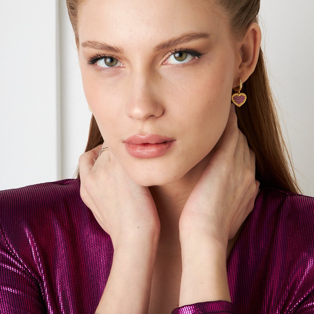 Renkli Taşlı Kalp Küpe - 925 GÜMÜŞ