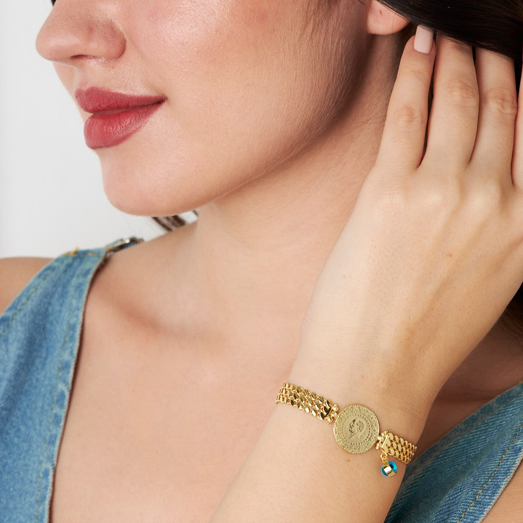 14 Ayar ALTIN Çeyrek nazarlı üçlü sıra zincir bileklik