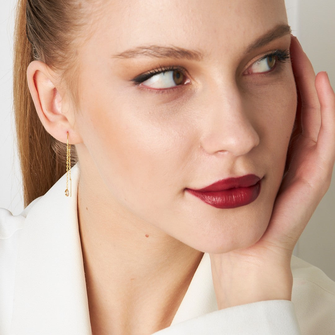 Asılı Zirkon Zincir Küpe - 925 GÜMÜŞ