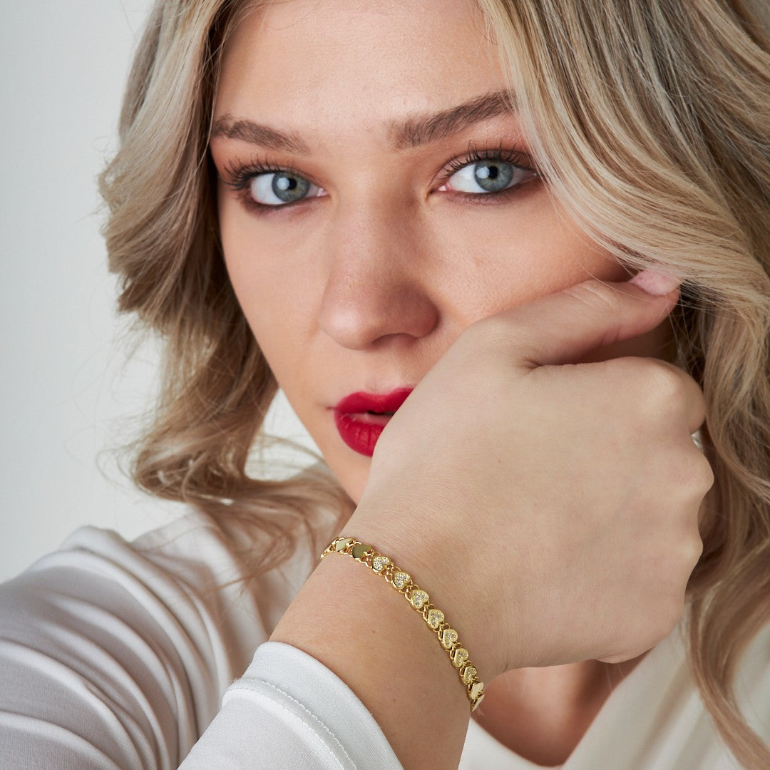 Sıralı Kalpli Taşlı Bileklik - 925 GÜMÜŞ