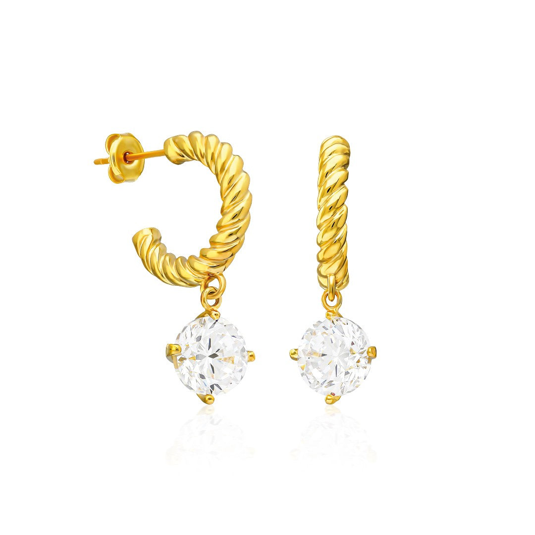 Bükülmüş Halkalı Tek Taş Küpe - 925 GÜMÜŞ