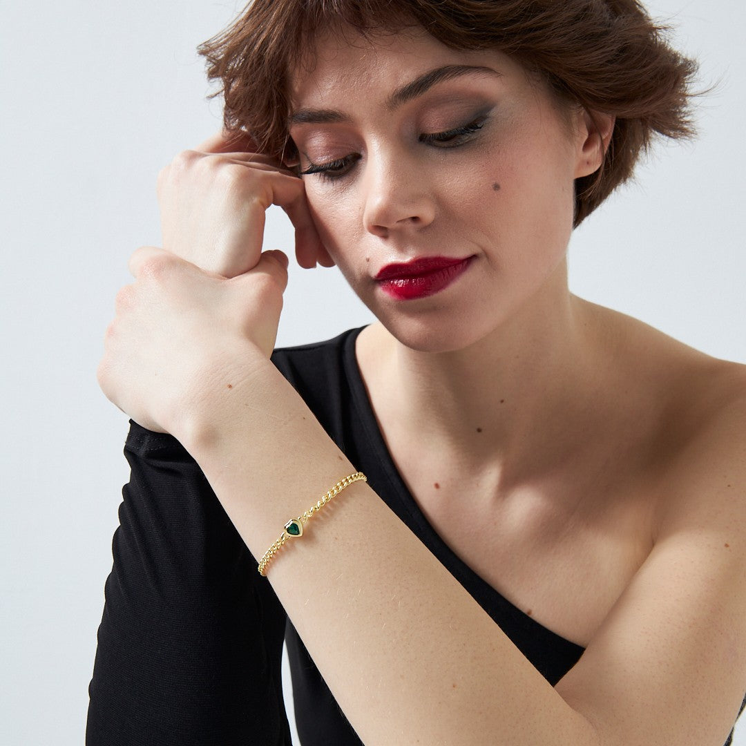 Zirkon Kalp Detaylı Zincir Bileklik - 925 GÜMÜŞ