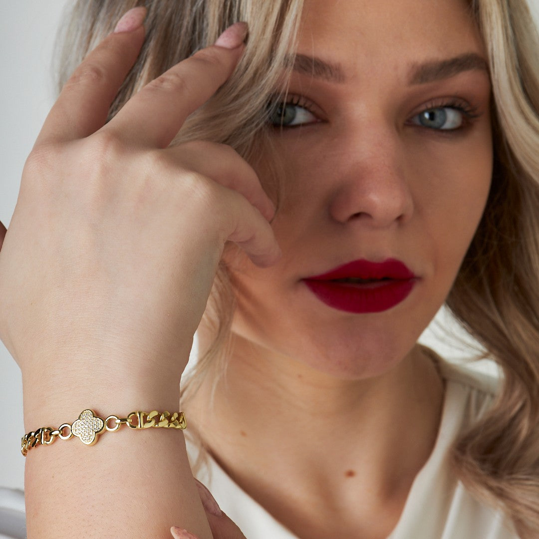 İki Zincirli Taşlı Yonca Bileklik - 925 GÜMÜŞ