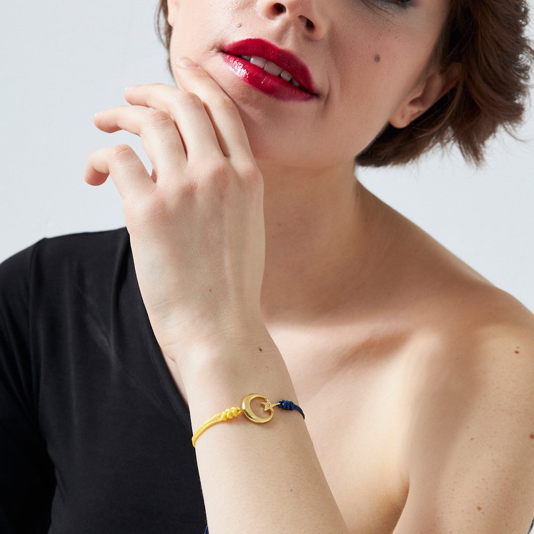 Ay Yıldızlı Sarı Lacivert İp Bileklik - 925 GÜMÜŞ