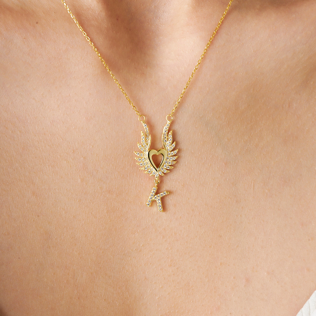 Harfli Büyük Kanatlı Kalp Kolye - 925 GÜMÜŞ