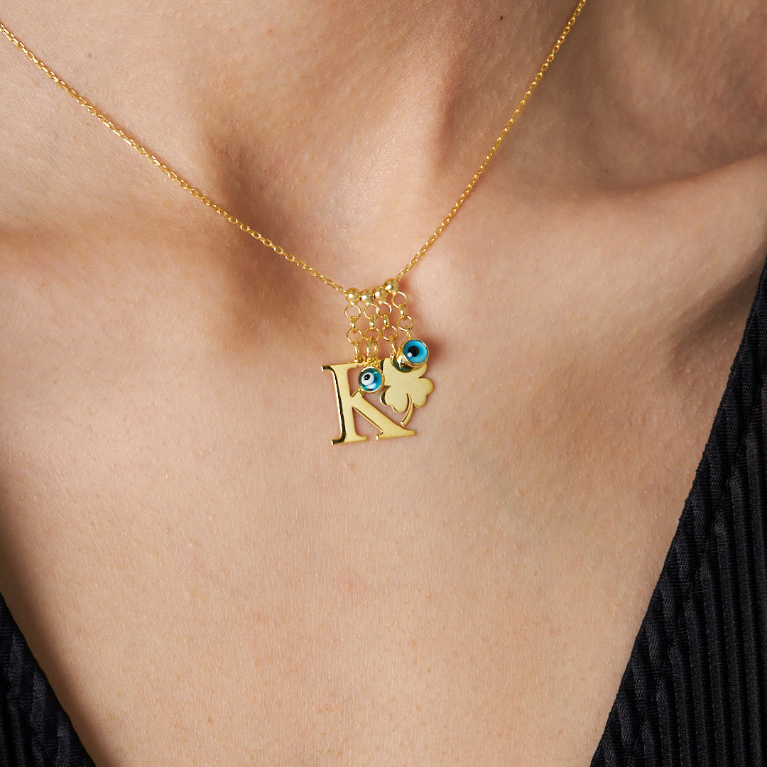 Nazar Yonca Harfli Kolye - 925 GÜMÜŞ