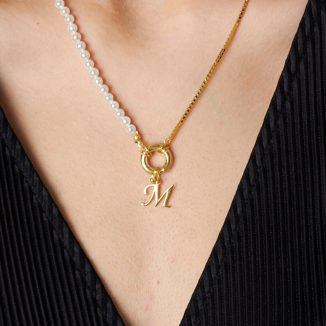 Zincirli ve İncili Harf Kolye - 925 GÜMÜŞ