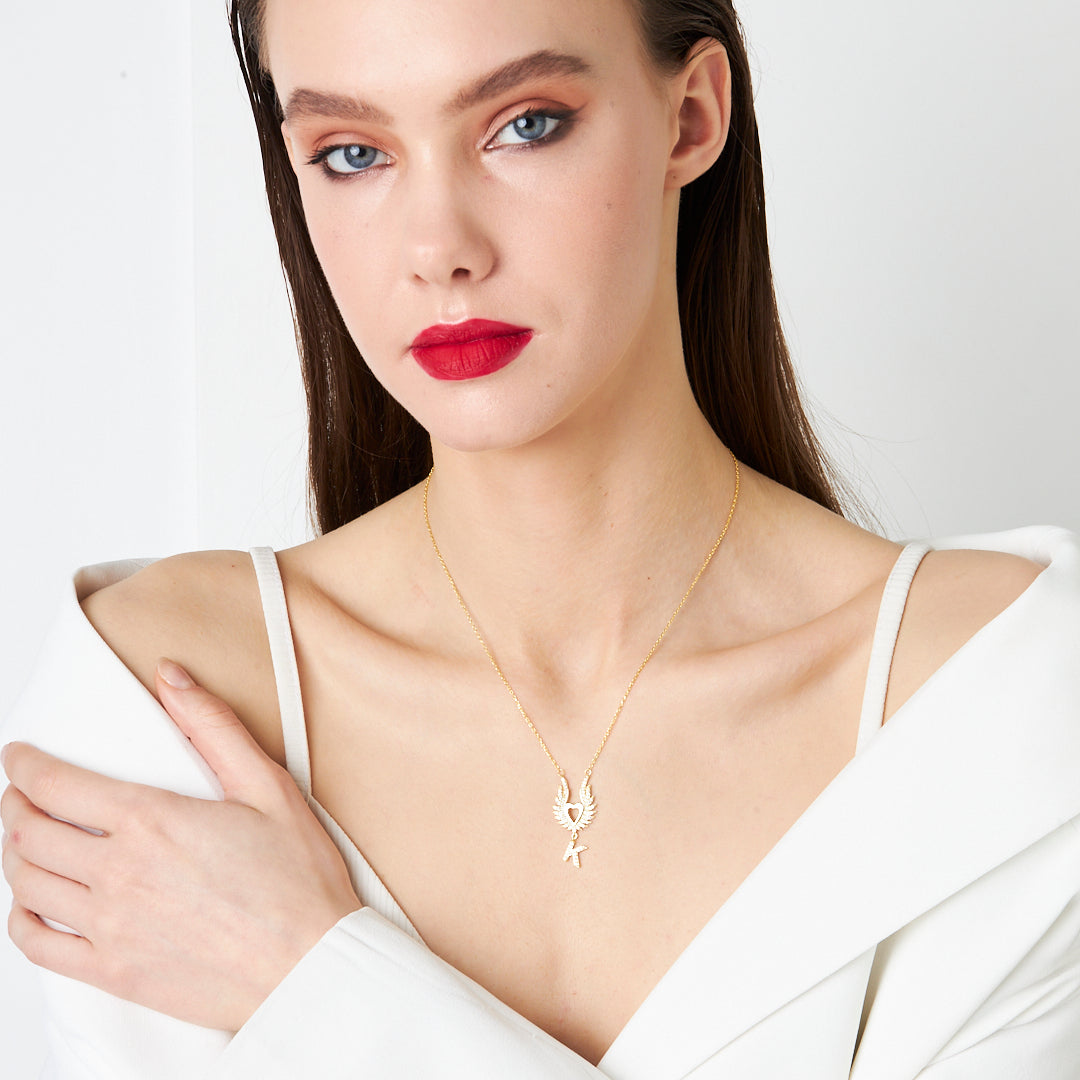 Harfli Büyük Kanatlı Kalp Kolye - 925 GÜMÜŞ