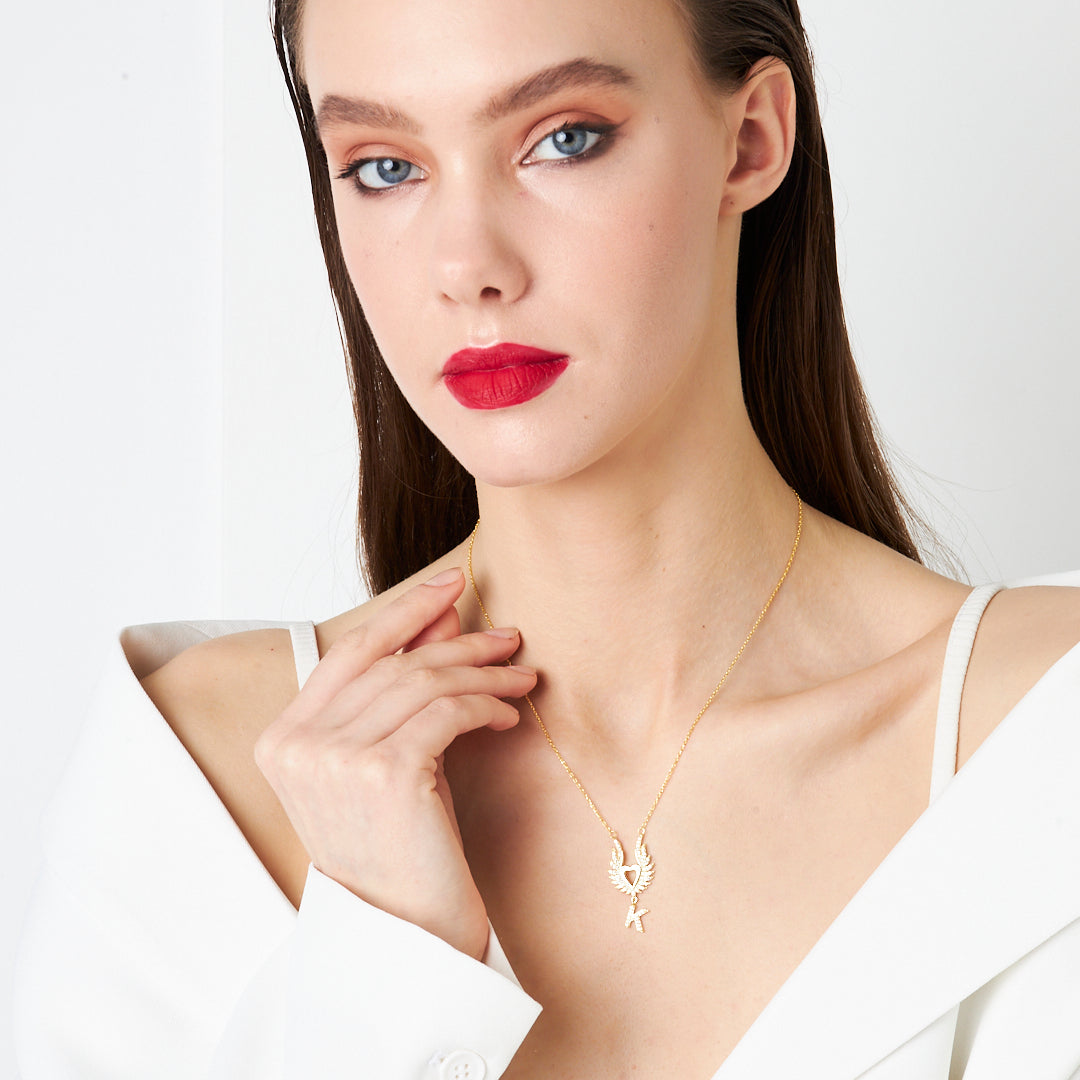 Harfli Büyük Kanatlı Kalp Kolye - 925 GÜMÜŞ
