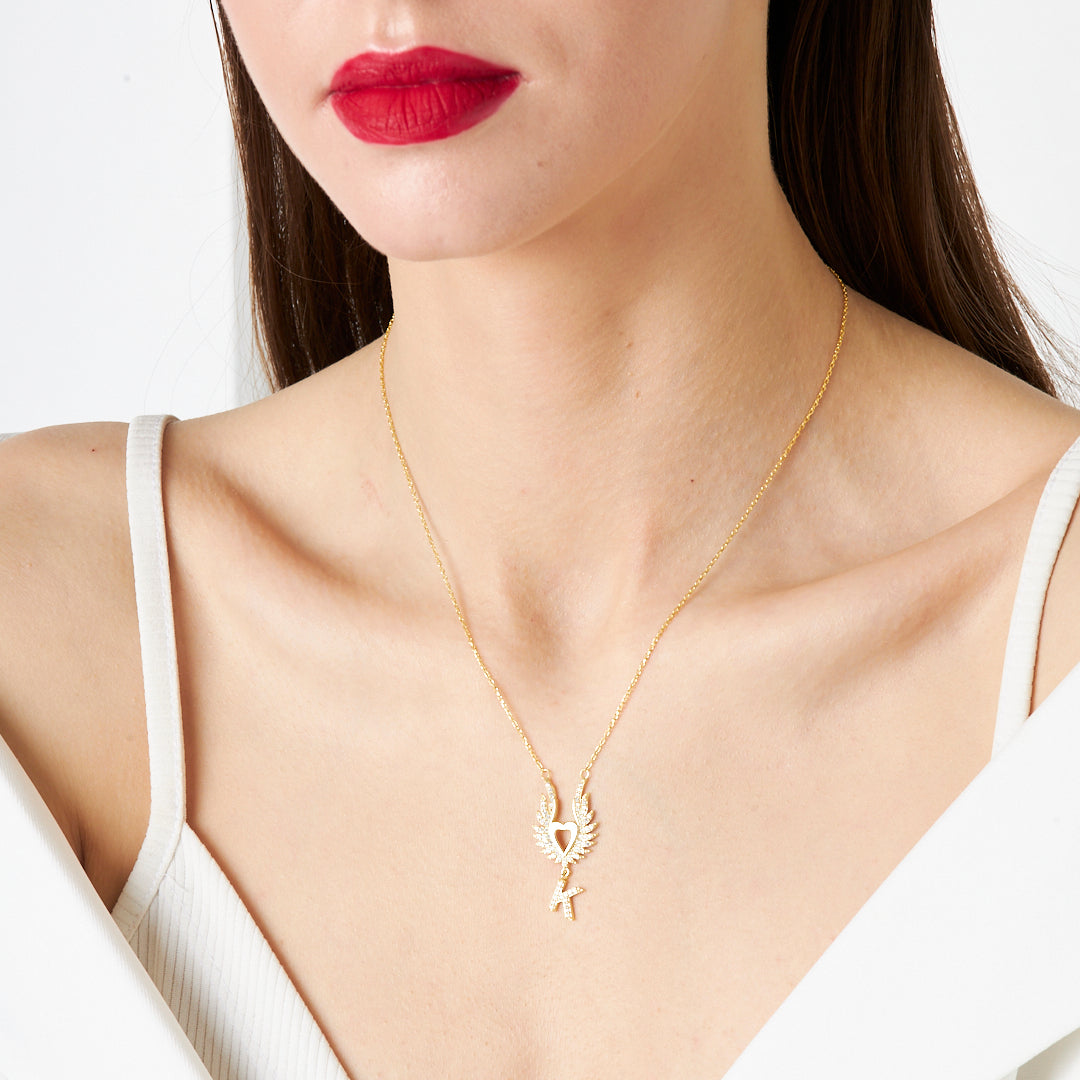 Harfli Büyük Kanatlı Kalp Kolye - 925 GÜMÜŞ