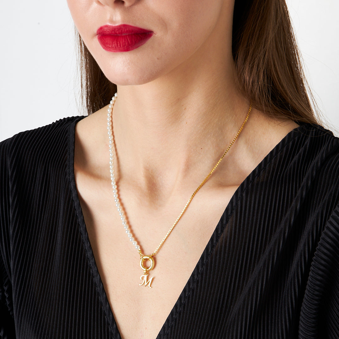 Zincirli ve İncili Harf Kolye - 925 GÜMÜŞ