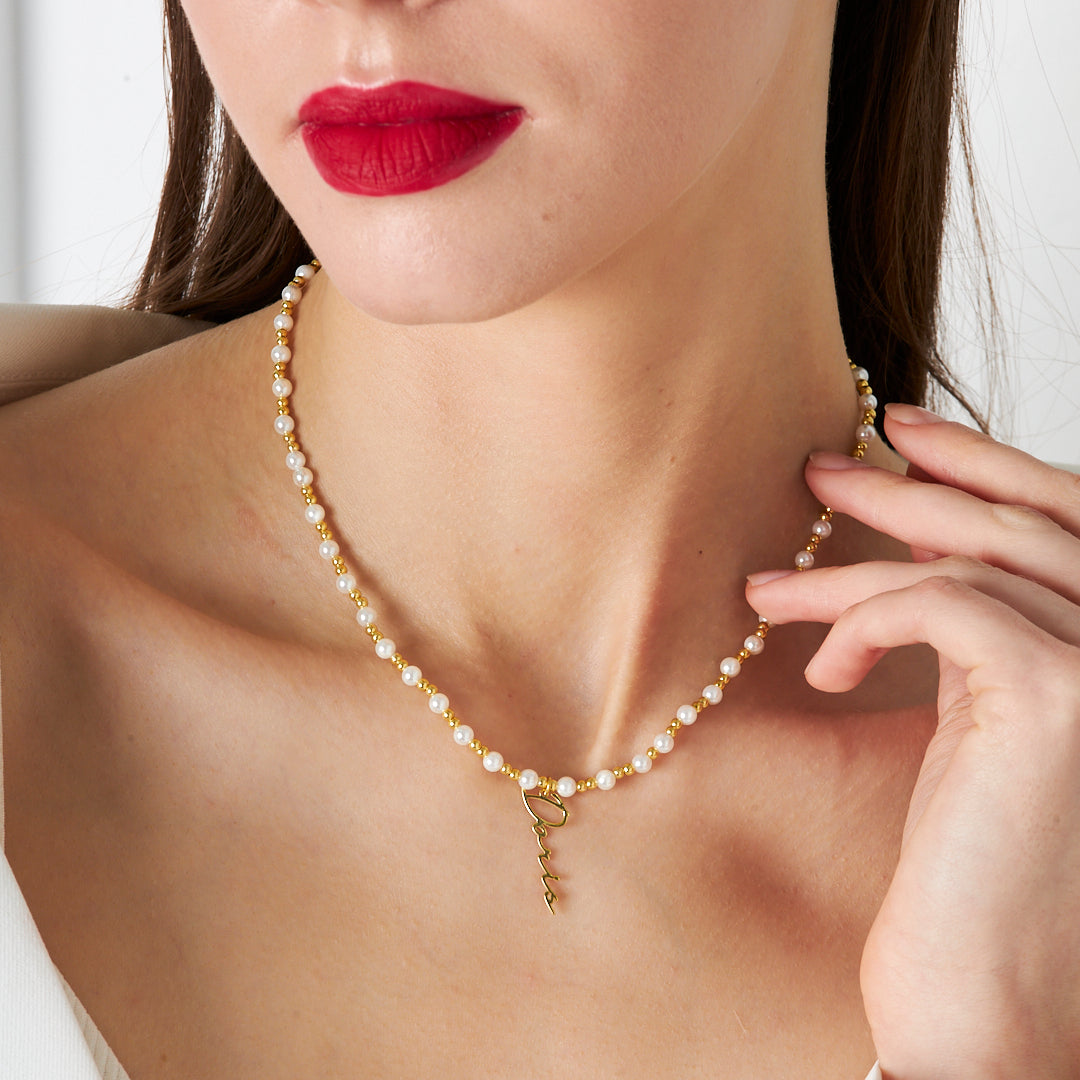 İnci Detaylı isim Kolye - 925 GÜMÜŞ