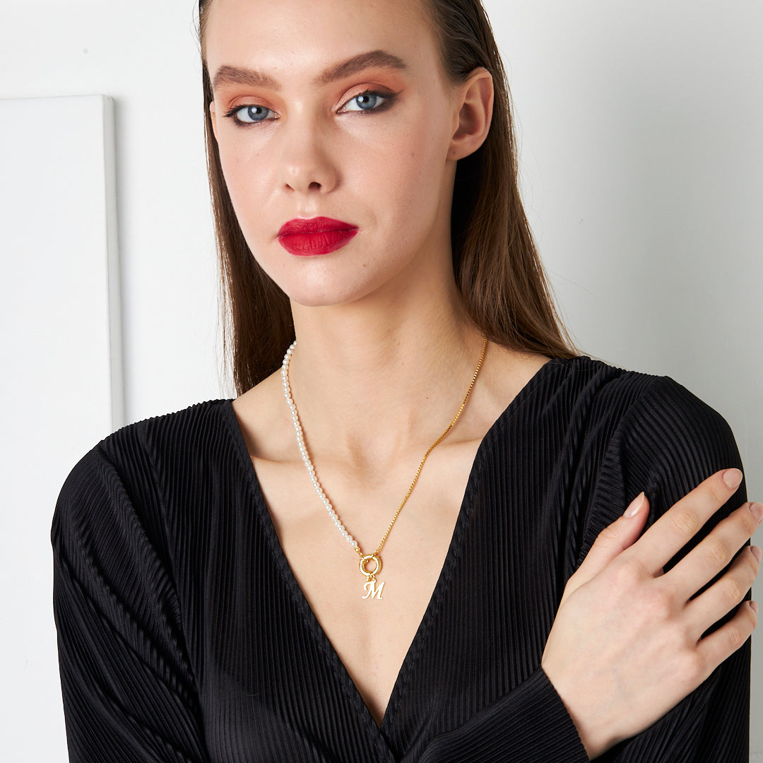 Zincirli ve İncili Harf Kolye - 925 GÜMÜŞ