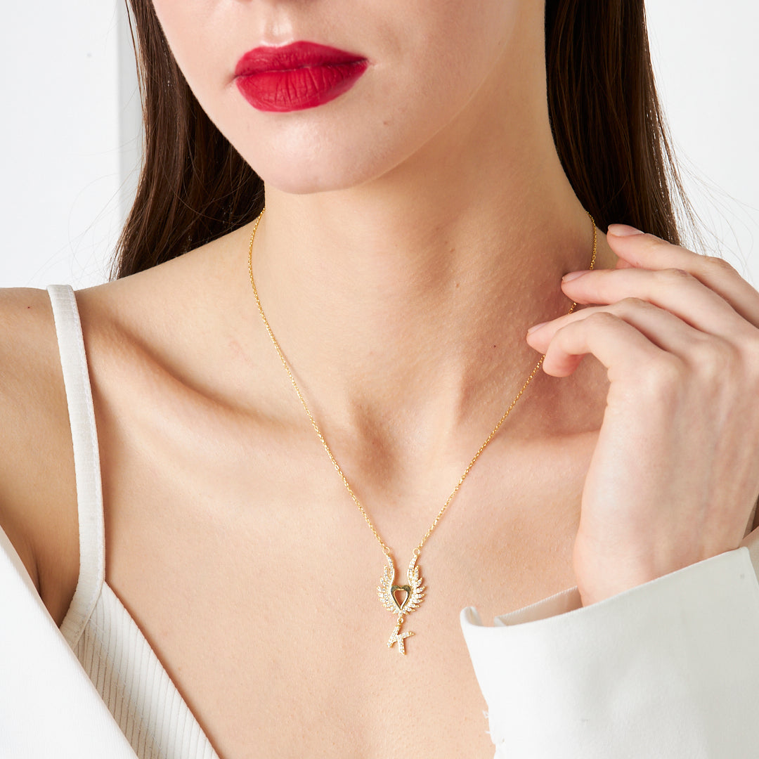 Harfli Büyük Kanatlı Kalp Kolye - 925 GÜMÜŞ