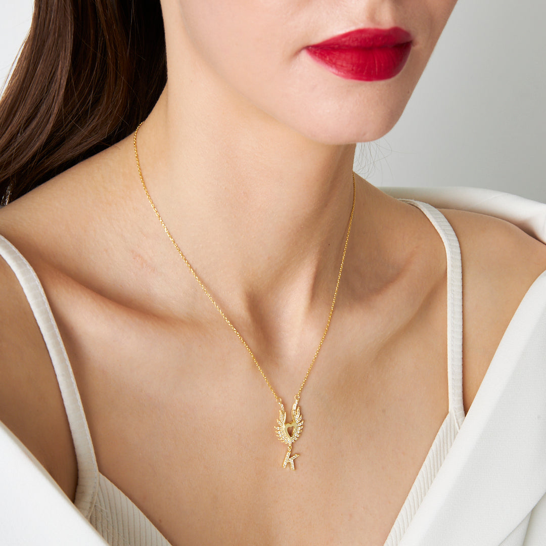 Harfli Büyük Kanatlı Kalp Kolye - 925 GÜMÜŞ