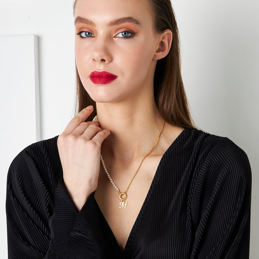 Zincirli ve İncili Harf Kolye - 925 GÜMÜŞ