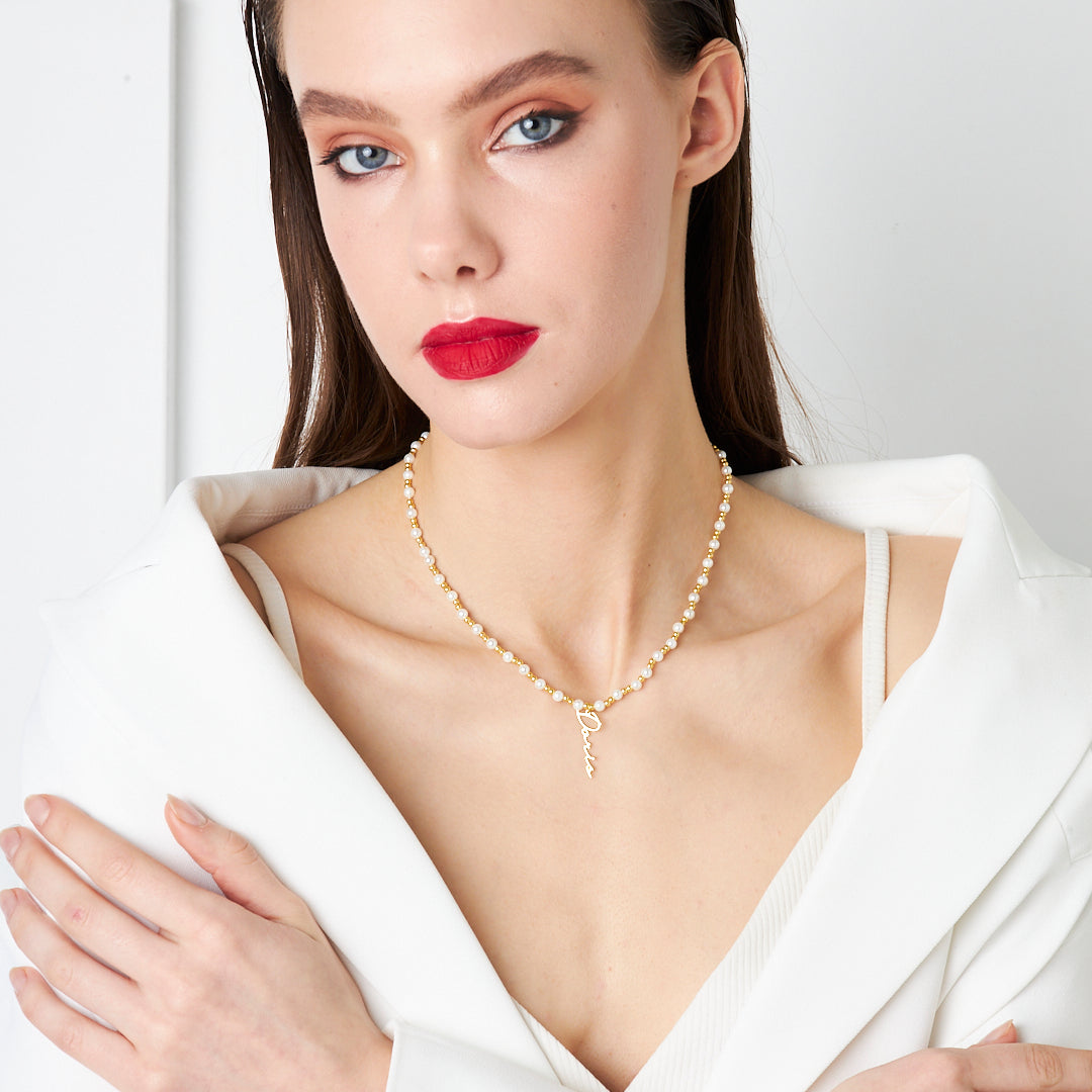 İnci Detaylı isim Kolye - 925 GÜMÜŞ