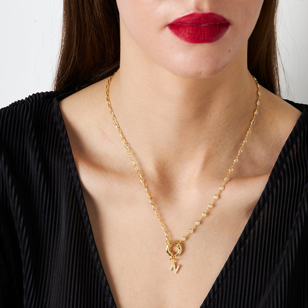 Sıra Taşlı Gemici Kilitli Harfli Kolye - 925 GÜMÜŞ