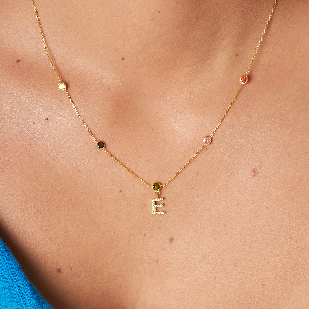 Renkli Taşlı Harf Kolye - 925 GÜMÜŞ
