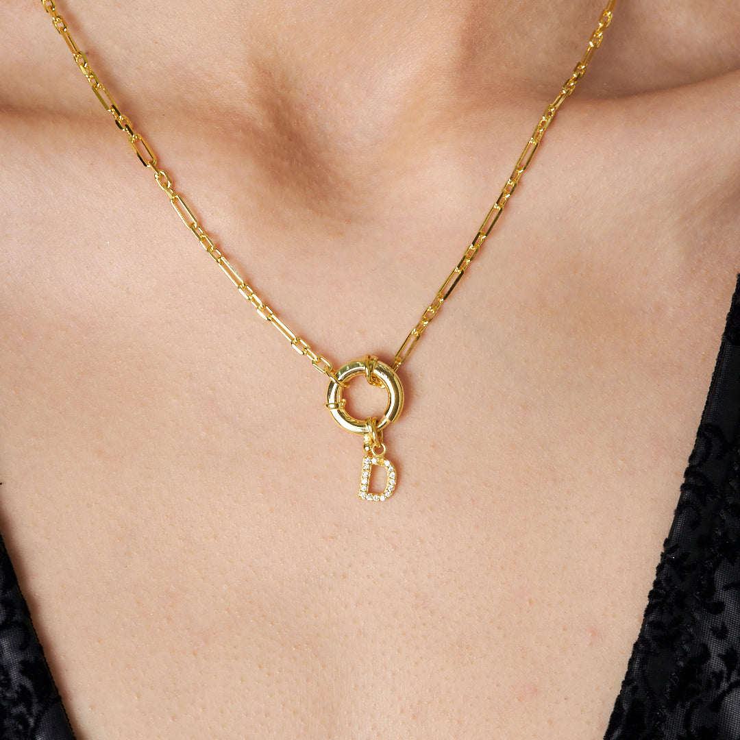 Gemici Kilitli Taşlı Harf Kolye - 925 GÜMÜŞ