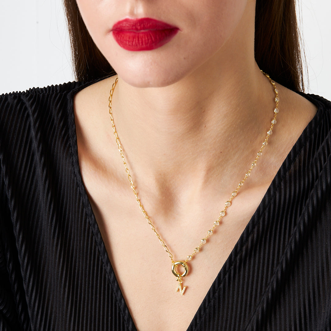 Sıra Taşlı Gemici Kilitli Harfli Kolye - 925 GÜMÜŞ