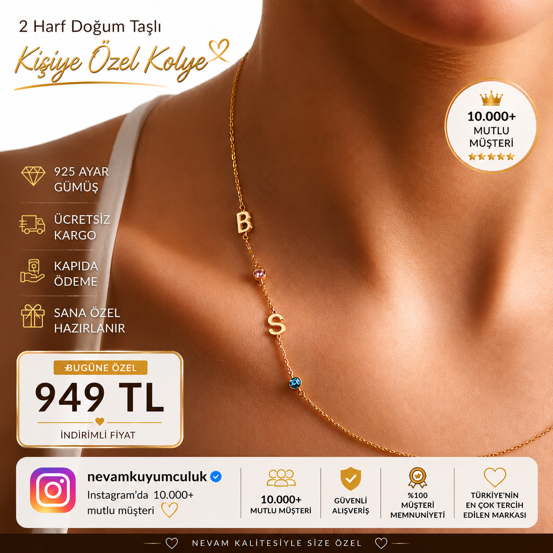 2 Harf Doğum Taşlı Kolye 💎 🚚 Ücretsiz Kargo •