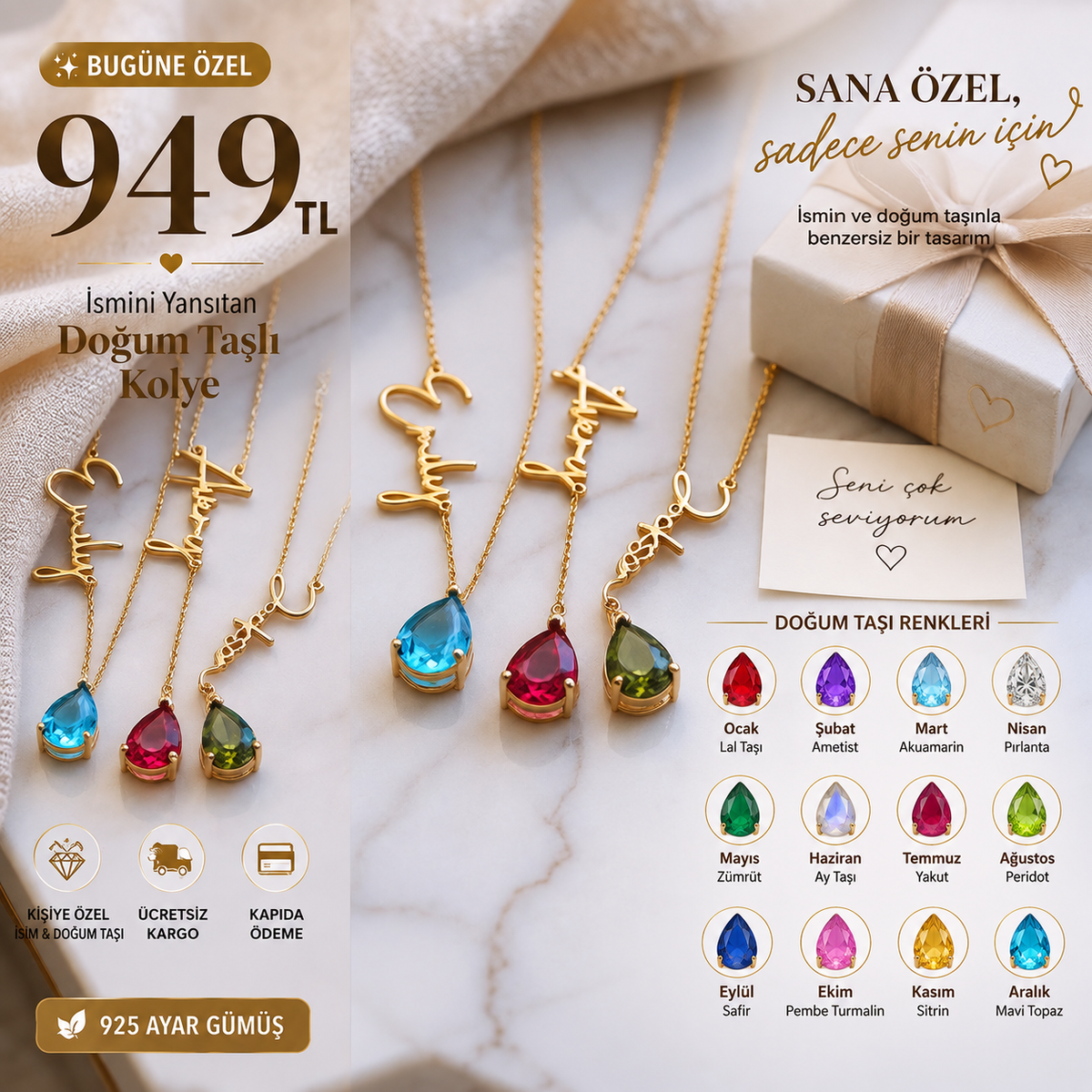 ✨ Kişiye Özel İsim &amp; Doğum Taşı Kolye | 925 Ayar Gümüş ✨
