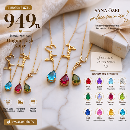 ✨ Kişiye Özel İsim &amp; Doğum Taşı Kolye | 925 Ayar Gümüş ✨