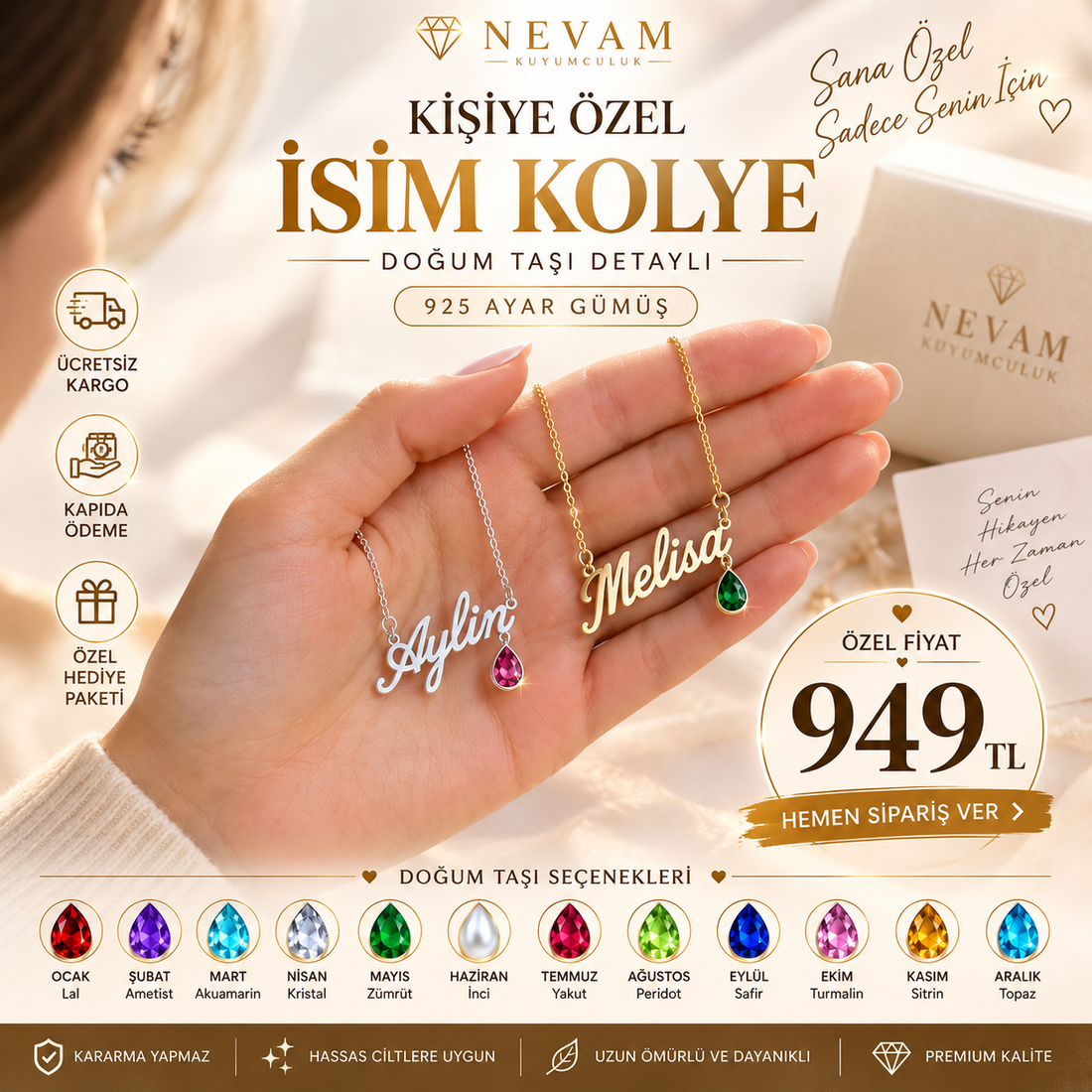 Özel İsim Kolye – 925 Ayar Gümüş Doğum Taşı Detaylı